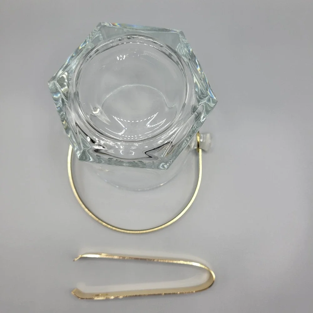 Vintage Shiah Yih Heavy Clear Glass Ice Bucket Gold Tone Tongs and Handle Taiwan
